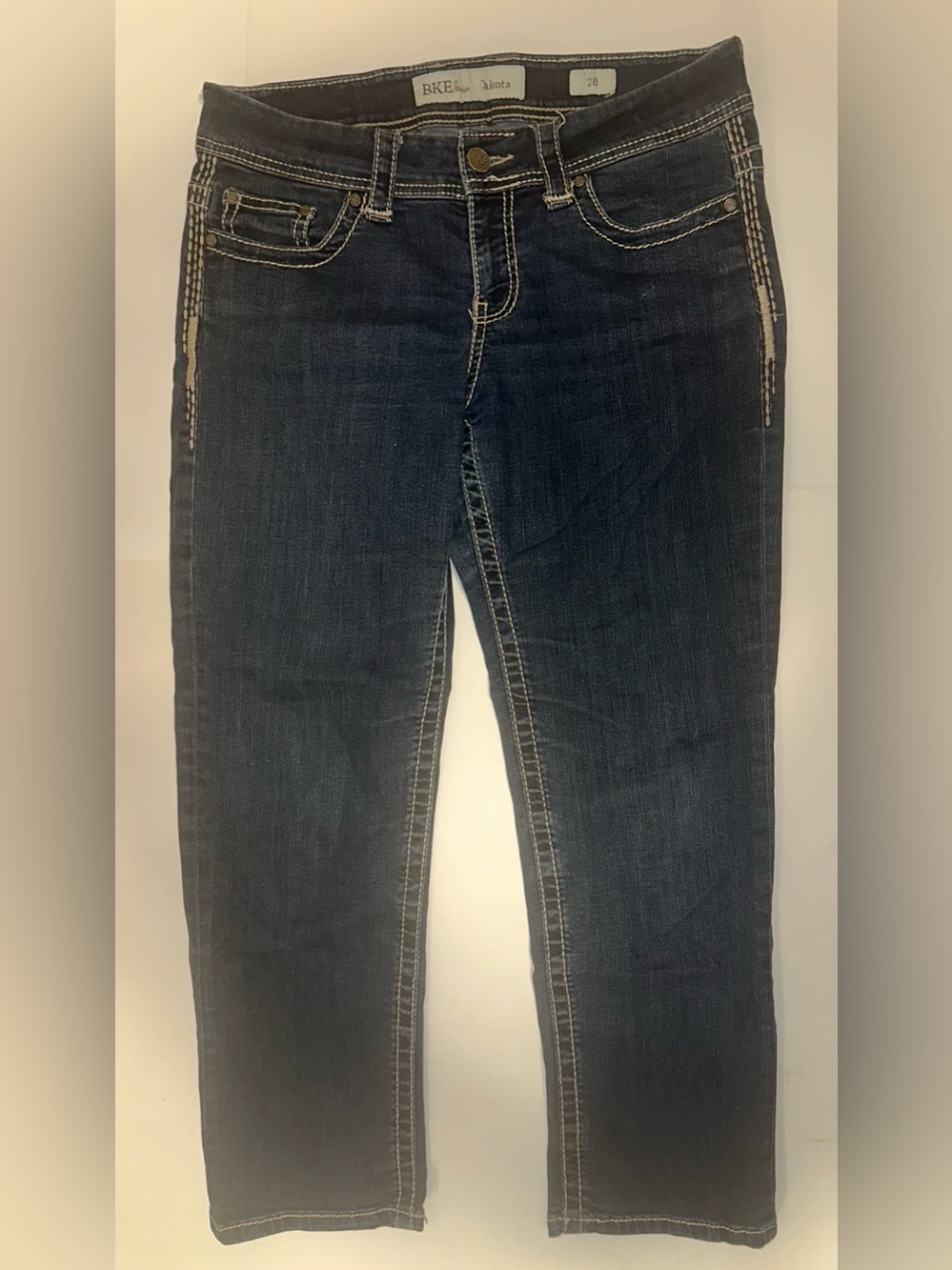 BKE Denim Dakota Buckle Women's Jeans Dark Blue Cropped Stretch Mid-Rise Size 28